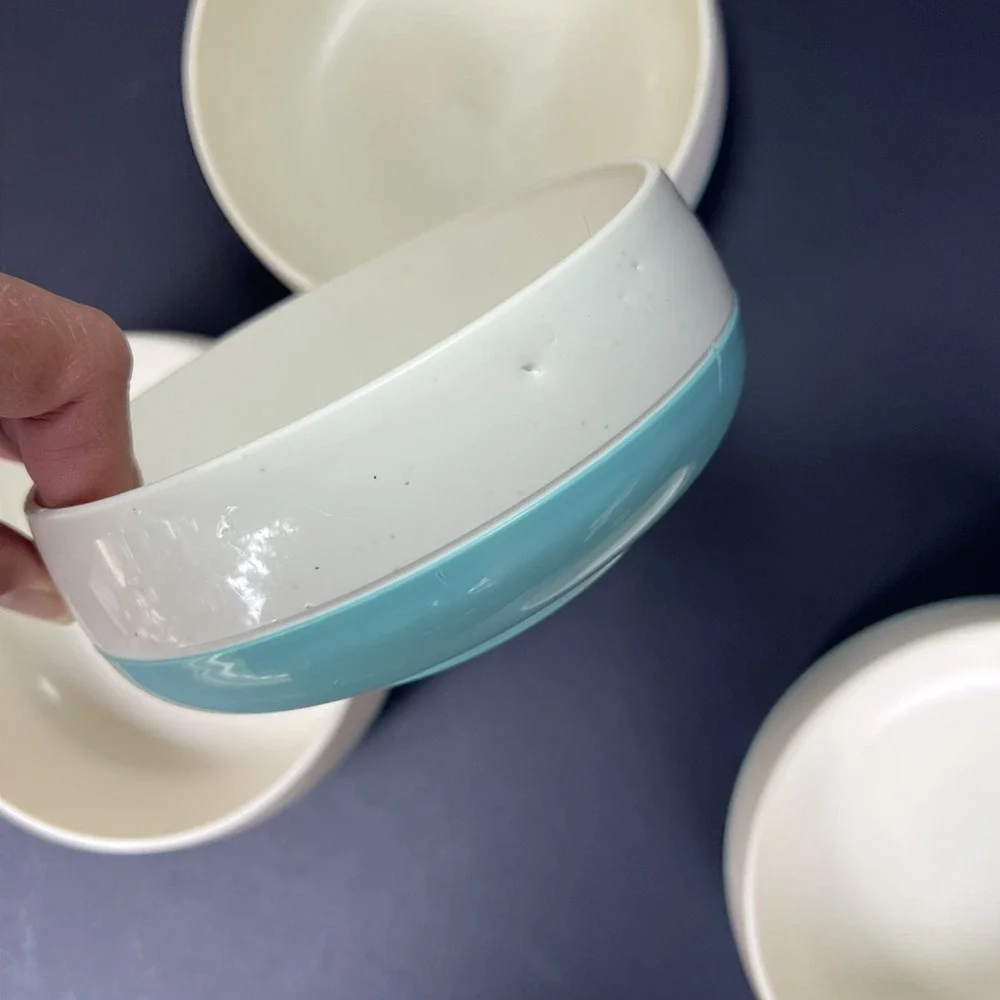 VTG Vacron Style Melamine Bowls Set 4 Teal Aqua Turquoise Speckled MCM USA